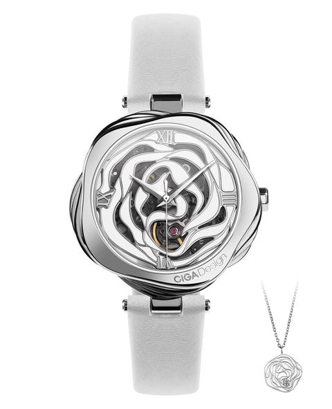 CIGA Design Watches for Women Denmark Rose Series Fashion Automatic Mechanical Skeleton Wrist Watch with Bonus Necklace Gifts (Leather Strap, Mechanical Movement) CIGA Design