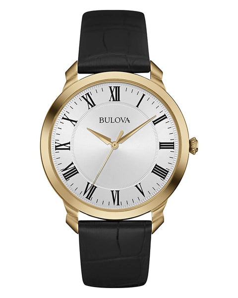 Bulova Men's Classic 3-Hand Quartz Black Leather Strap Watch, Roman Numeral Markers, 41mm Style: 97A123 Bulova