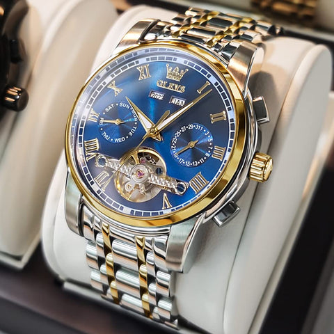 OLEVS Watches for Men Automatic Mechanical Self Winding Blue Dress Tourbillon Stainless Steel Dual Calendar Waterproof Luminous Wrist Watch OLEVS