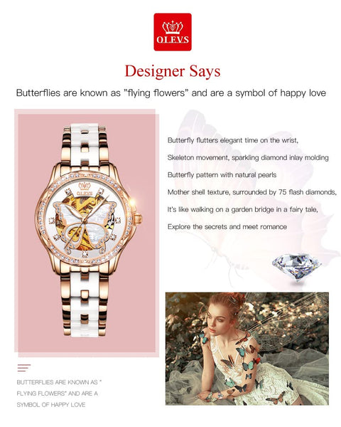OLEVS Women's Rose Gold Automatic Watches Skeleton Mechanical Self Winding Ladies Elegant Luxury Dress Butterfly Diamond White Ceramic Band Watch Gift OLEVS