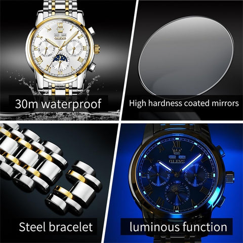 OLEVS Mens Automatic Watch Mechanical Self Winding Luxury Business Dress Moon Phase Stainless Steel Calendar Wrist Watches for Men Waterproof Luminous OLEVS