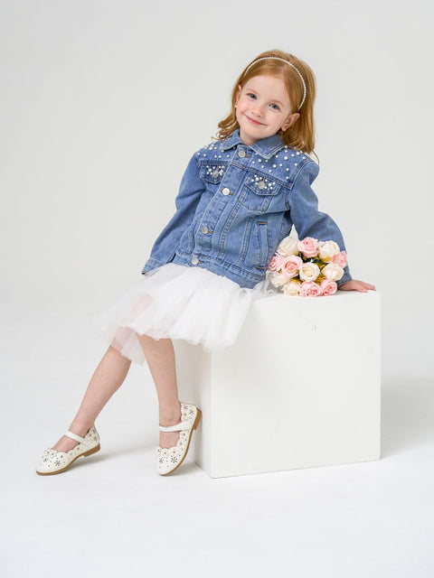 Miipat Toddler Girls Denim Jacket Basic Pearl Jean Jacket Little Kids Outwear Button Down Jean Coat(LightBluePearl,7-8Years)