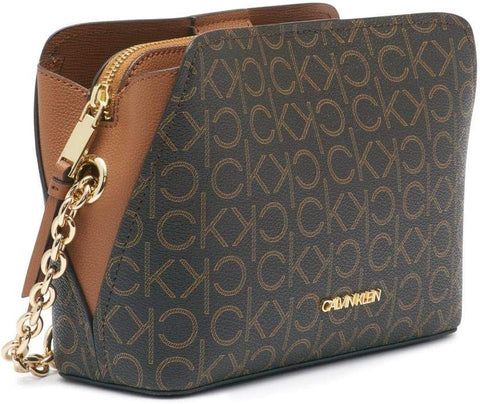 Calvin Klein Hailey Signature Triple Compartment Chain Crossbody, Brown/Khaki/Caramel Linear Calvin Klein