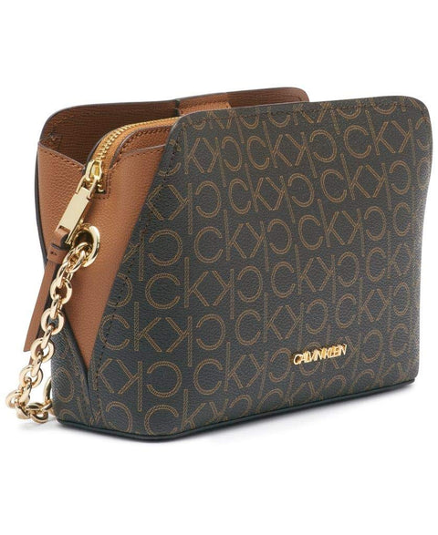 Calvin Klein Hailey Signature Triple Compartment Chain Crossbody, Brown/Khaki/Caramel Linear Calvin Klein