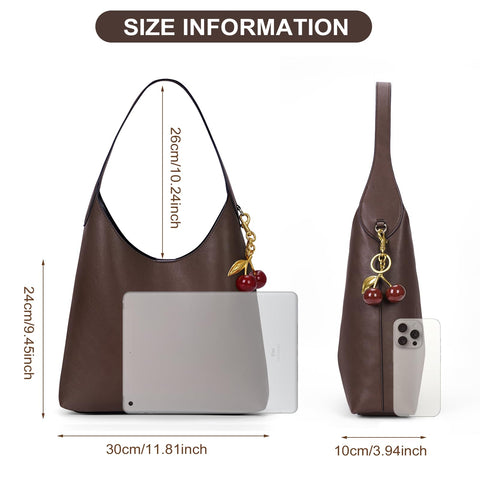 Faux Suede Hobo Bags Vegan Leather Shoulder Bag Tote for Women with Cherry Charm Slouchy Designer Handbag Purse Fall Fashion