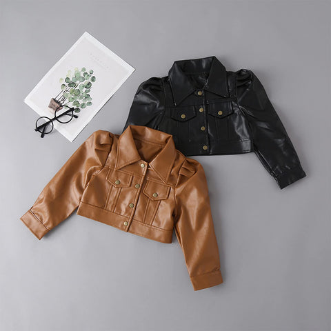 WASAIGOOD Toddler Girls Motorcycle Jackets PU Faux Leather Coat Turn-Down Collar Long Sleeve Crop Tops Outerwear Coats (black,6-7 years)