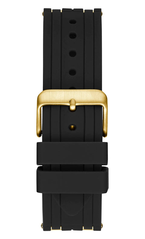 GUESS Mens 43mm Watch - Black Strap Black Dial Gold Tone Case GUESS