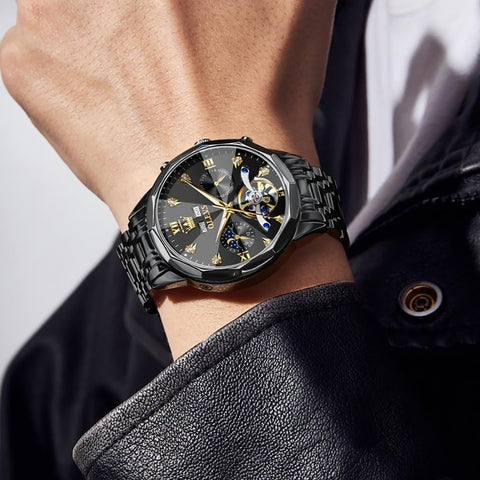 OLEVS Black Self Winding Watches for Men Mechanical Business Dress Skeleton Waterproof Luminous Date Automatic Luxury Casual Man Watch