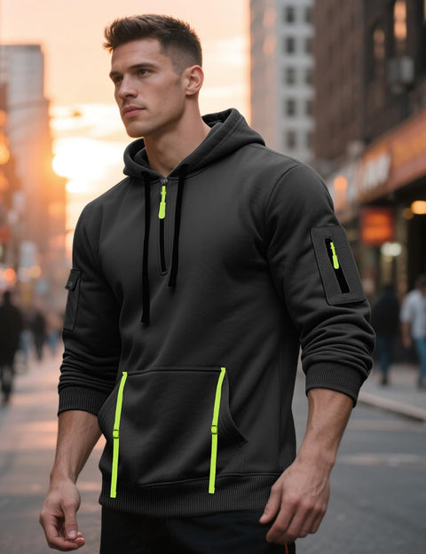 QOSOQ Men's Pullover Hoodies Quarter Zip Long Sleeve Shirts Drawstring Sports Casual Hooded Sweatshirts with Pockets Black