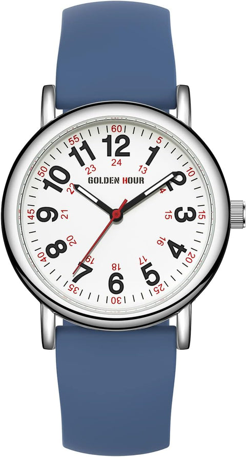 GOLDEN HOUR Waterproof Nurse Watch, 38mm, 24-hour Luminous Dial, Red Second Hand, Silicone Band, Navy Blue