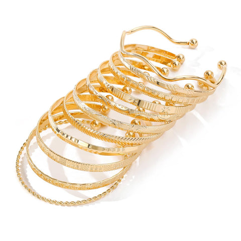 KISS WIFE Golden Bangles for Women, Adjustable Bangle Bracelets, Multi Layer Open Stackable Cuff Bracelet Set, Fashion Accessories Jewelry Gifts for Women (Golden-11)