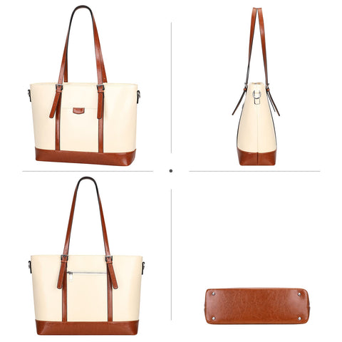 Over Earth Leather Tote Bag for Women Large Leather Handbags Shoulder Work Purses(O187E Beige/Brown) Over Earth