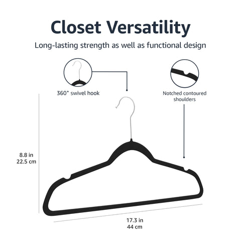 Amazon Basics Slim, Velvet, Non-Slip Suit Clothes Hangers, Pack of 50, Black Amazon Basics
