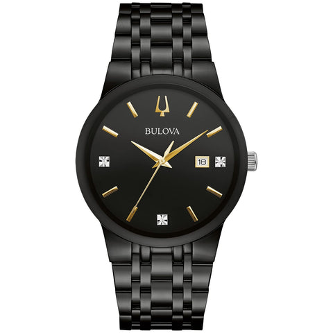 Bulova Men's Modern Black Ion-Plated Stainless Steel 3-Hand Calendar Date Quartz Watch, Gold Tone Accents and Diamond Dial, 40mm Style: 98D166 Bulova
