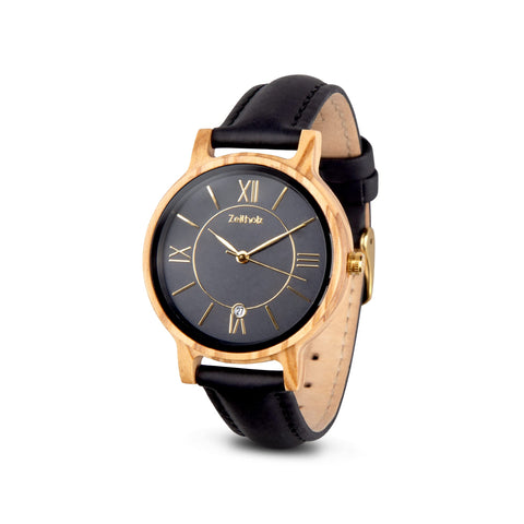 Zeitholz Wooden Watch Women, Wooden Watch, Gifts, Analog Watch, Date, New Rosenbach Collection 36mm, Natural Wood, Japanese Quartz Movement, Leather Strap. (Black) Zeitholz