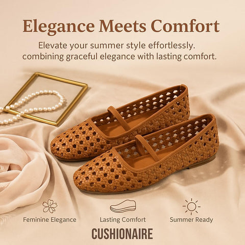 CUSHIONAIRE Women's Weavy Squared Toe Woven Ballet Flat, +Memory Foam, Wide Widths Available Cognac 9