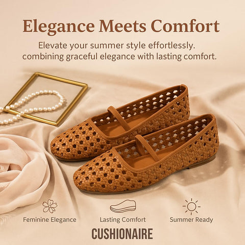 CUSHIONAIRE Women's Weavy Squared Toe Woven Ballet Flat, +Memory Foam, Wide Widths Available Cognac 9