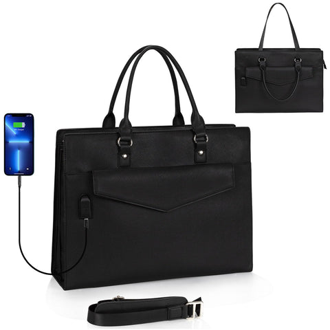 Laptop Tote Bag for Women, 17 Inch Laptop Bag Waterproof Leather Computer Tote Bag, Large Work Bag with USB Charging Port, Womens Laptop Briefcase Business Office Handbag Work Shoulder Bag, Black onemoky