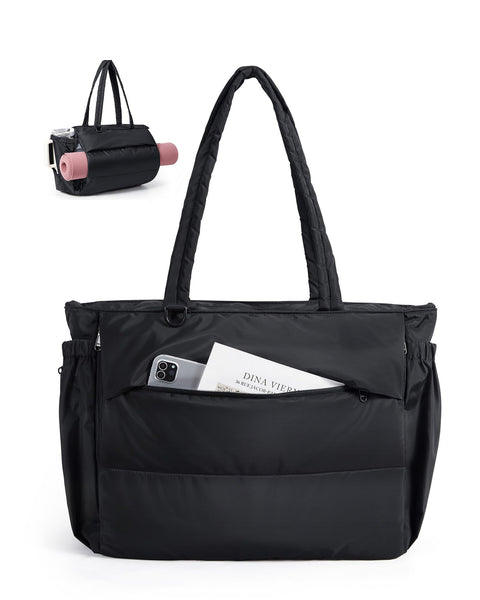 BAGSMART Tote Bag for Women, 22L Puffer Gym Bag for 40oz Tumbler, Work Tote Handbag for Travel Yoga College, Black