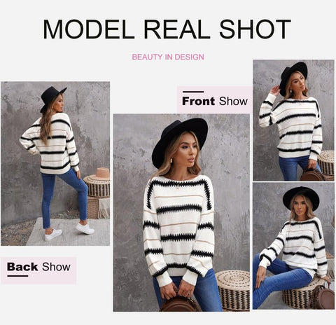 Dokotoo Long Sleeve Crewneck Striped Pullover Sweaters for Women Winter Casual Loose Knit Pullover Sweater Jumper Tops White Medium