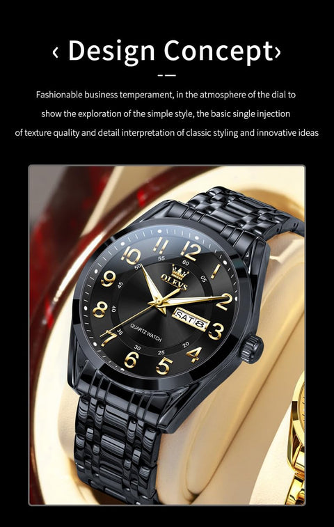 OLEVS Black Watches for Men Classic Business Dress Large Number Analog Watch Waterproof Luminous Easy Reader Male Wristwatch