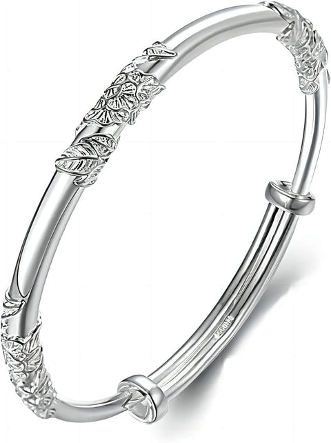Kim Carrey S925 Silver Bangle Bracelet for Women, Elegant Women‘s Sterling Silver Bracelet Bangle Adjustable 6.4-7.8 inches Small Size (Leaf) Kim Carrey