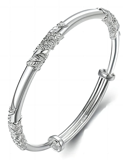 Kim Carrey S925 Silver Bangle Bracelet for Women, Elegant Women‘s Sterling Silver Bracelet Bangle Adjustable 6.4-7.8 inches Small Size (Leaf) Kim Carrey