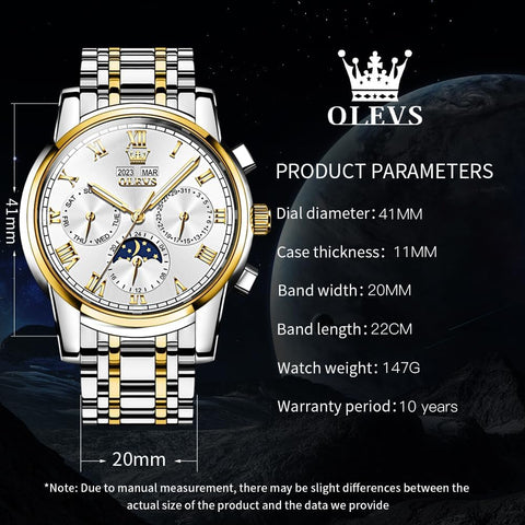 OLEVS Mens Automatic Watch Mechanical Self Winding Luxury Business Dress Moon Phase Stainless Steel Calendar Wrist Watches for Men Waterproof Luminous OLEVS