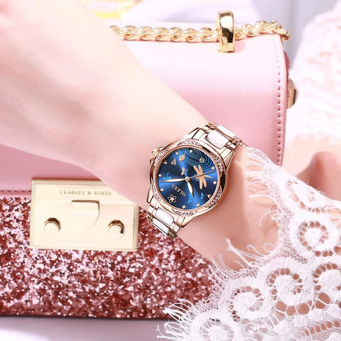 OLEVS Automatic Watches for Women Self Winding Mechanical Watch Rose Gold Diamond Stainless Steel Luminous Waterproof Dress Watch Blue Dial OLEVS