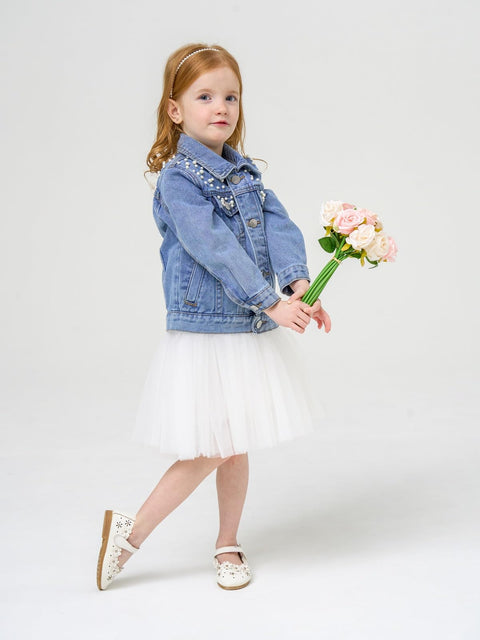 Miipat Toddler Girls Denim Jacket Basic Pearl Jean Jacket Little Kids Outwear Button Down Jean Coat(LightBluePearl,7-8Years)