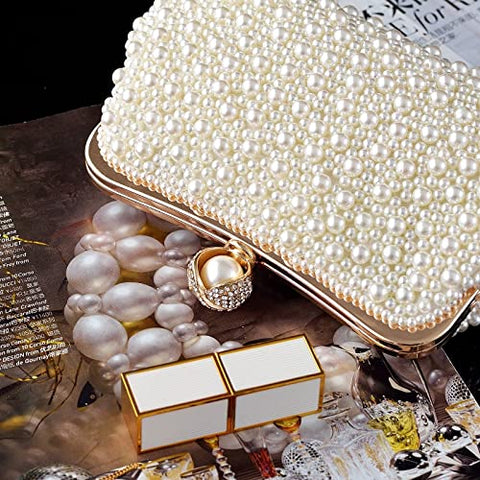 ASPHODELCHIC Women Pearl Evening Bag Bride Beaded Clutch Purse Cream White for Wedding Party (Ivory white) Small ASPHODELCHIC
