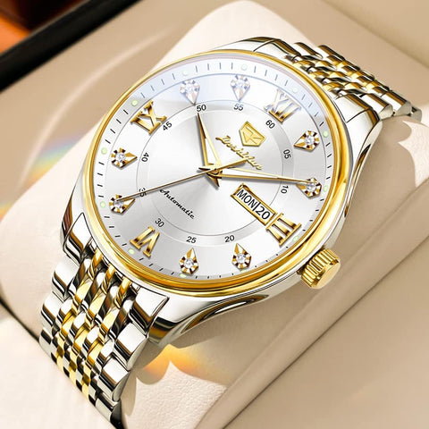 OLEVS Automatic Watches for Mens Luxury Diamond Self Winding Mechanical Dress White Wrist Watch Waterproof Luminous Stainless Steel Day Date OLEVS