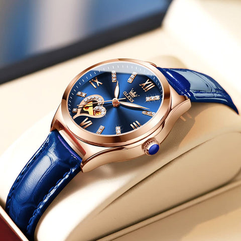OLEVS Watches for Women Automatic Mechanical Ladies Watch Leather Strap Self-Winding reloj para Mujer Diamond Heart dial Waterproof Luminous red Female Watch Blue OLEVS