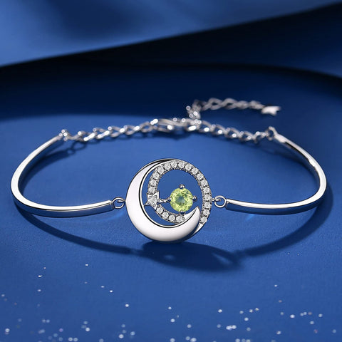 FANCIME Genuine Peridot August Birthstone Bracelets for Women Sterling Silver Moon and Star Bangle Charm Bracelet Natural Gemstone Fine Jewelry Birthday Anniversary Christmas Gifts for Mom FANCIME