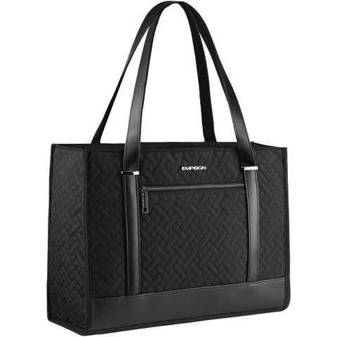 EMPSIGN Laptop Tote bag for women 16 Inch, Stylish Computer Shoulder Tote Bag for Work, Large Capacity Quilted Laptop Briefcase, Waterproof Women Business Office Bag, Quilted Black EMPSIGN