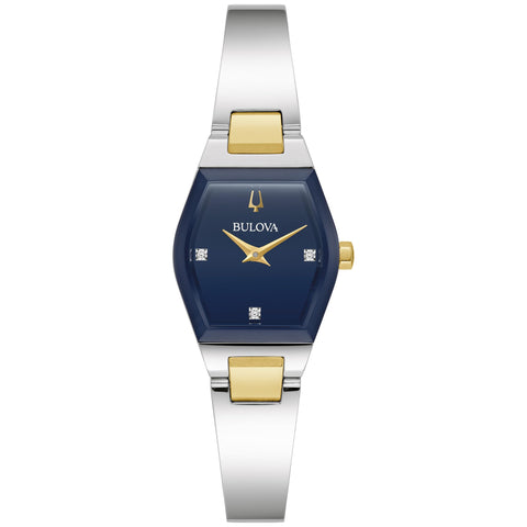 Bulova Ladies Modern Gemini Diamond Silver and Gold Stainless Steel Watch,Tonneau Shape Blue Dial, Model: 98P218 Bulova