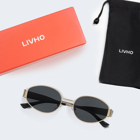 livho Retro Polarized Sunglasses - UV400 Protection, Oval Shape, Metal Frames - Matching Soft Case Inlcuded