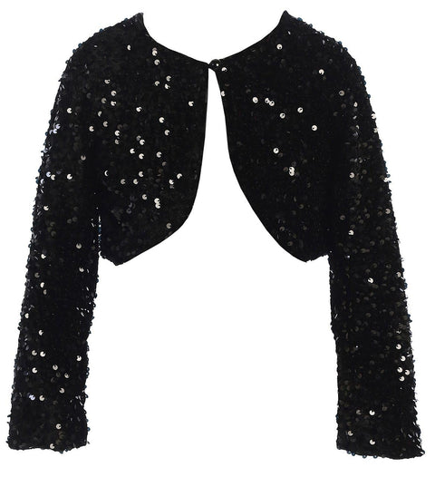 BluNight Little Girls Long Sleeve Sequin Flower Girl Cardigan Shrug Bolero Dress Coat Black 6 (JKS 2261)