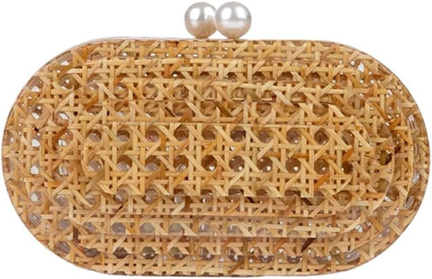 PENGZHI Women Acrylic Rattan Clutch Purse Rattan Woven Evening Bag Wedding Party Purse Summer Beach Wicker Shoulder Handbag, Brown PENGZHI