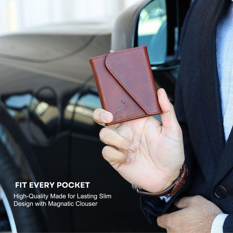 DEERHANDMADE Leather Wallet for Men | Fancy Bifold Handcrafted Mens Wallet with Magnetic closer & RFID Protection | Holds 6-10 Cards,1 ID Window, Cash Components (Garnet Edition, Dark Brown) DEERHANDMADE