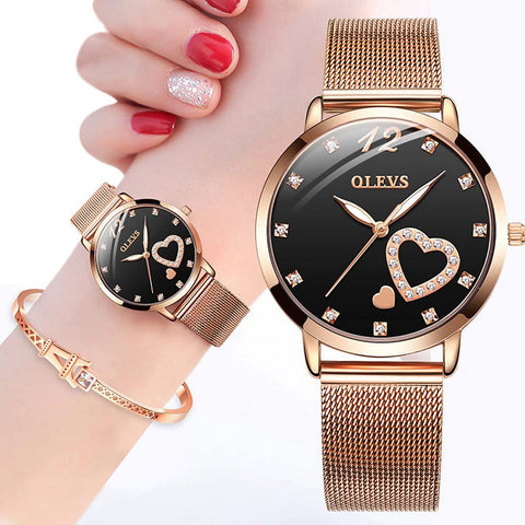 OLEVS Watch for Women Gifts Set Rose Gold and Eiffel Tower Bracelet Set Analog Quartz Wrist Watches for Lady Waterproof with Heart Love Shape Diamonds Black Dial Two Tone