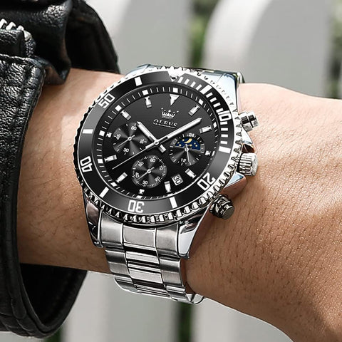 OLEVS Watch for Mens Black Face Stainless Steel Chronograph Watches Men Big Dial Classic Rotatable Bezel Silver with Day-Date Luxury Watches for Mens Dress Father Gift Watch Reloj De Hombre