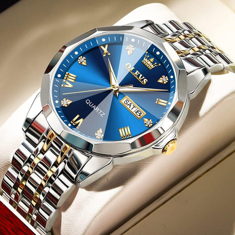 OLEVS Watch for Men Blue Big Face Watch for Men Two Tone Men's Wrist Watches Stainless Steel Waterproof Casual Fashion Mens Watches Luxury Diamond Quartz Men Watch relojes para Hombres OLEVS