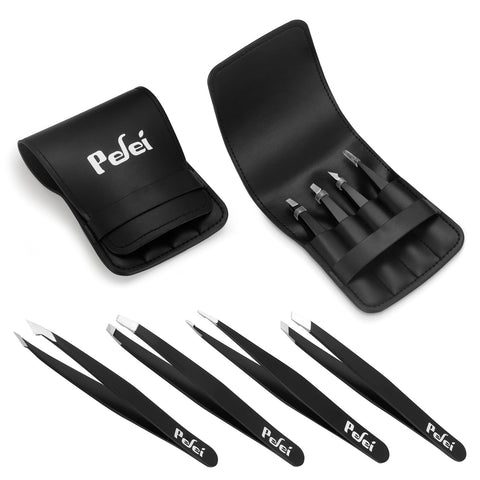 Pefei Tweezers Set - Professional Stainless Steel Tweezers for Eyebrows - Great Precision for Facial Hair, Splinter and Ingrown Hair Removal (Black) Pefei