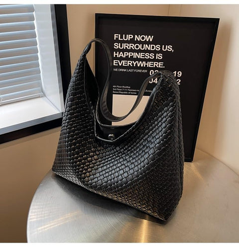 2024 Woven Leather Tote Bag for Women Top-handle Shoulder Bag, Hobo Bags Large Capacity Soft Vegan Crossbody Handbag Underarm (black)