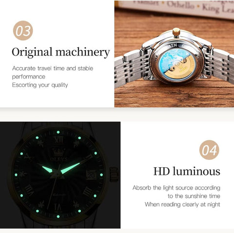 OLEVS Women Automatic Watch Diamond Mechanical Self Winding Fashion Elegant Dress Wrist Watch Black Luminous Waterproof Stainless Steel Date OLEVS