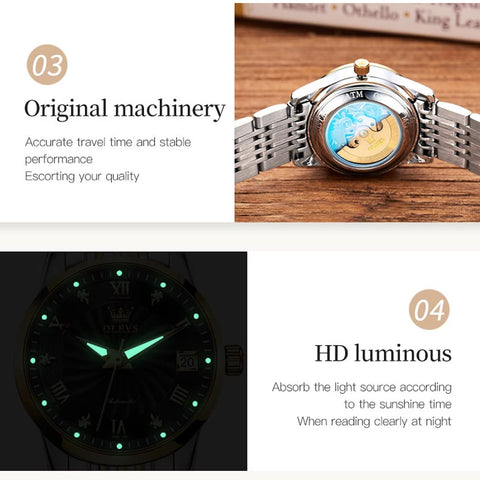 OLEVS Women Automatic Watch Diamond Mechanical Self Winding Fashion Elegant Dress Wrist Watch Black Luminous Waterproof Stainless Steel Date OLEVS