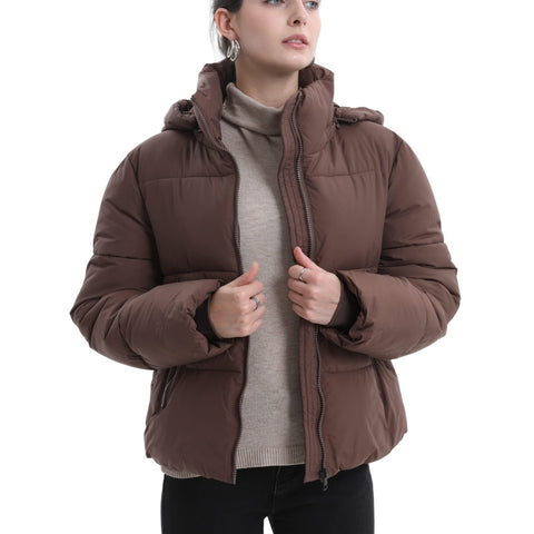 PUFFIT Women's Cropped Puffer Jackets,Warm Winter Jacket with Removable Hood,Zipped Pockets,Short Ladies Quilted Coat PUFFIT