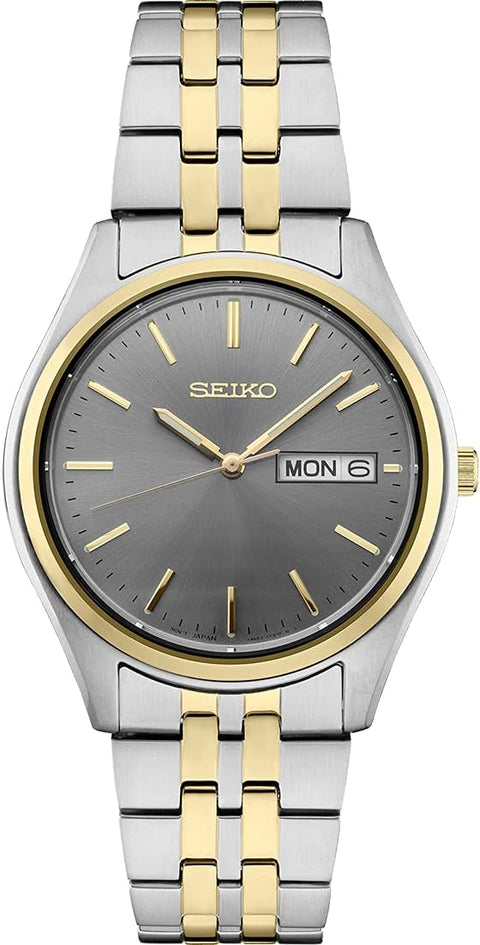 SEIKO SUR432 Watch for Men - Essentials - with Charcoal Sunray Dial, Day/Date Calendar, Two-Tone Stainless Steel Case/Bracelet, Gold Hands and Markers, and 100m Water-Resistant SEIKO