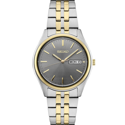 SEIKO SUR432 Watch for Men - Essentials - with Charcoal Sunray Dial, Day/Date Calendar, Two-Tone Stainless Steel Case/Bracelet, Gold Hands and Markers, and 100m Water-Resistant SEIKO